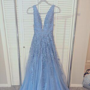 Sherri Hill Plunging V Periwinkle A-line  Prom Dress - Size 0
